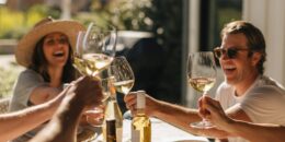 woman and man sitting outside with group of friends bringing glasses of white wine together celebrating fathers day
