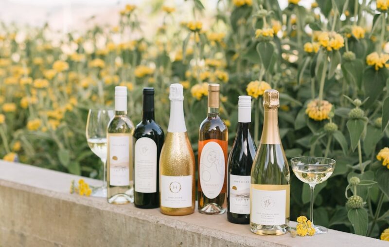 shot of ONEHOPE wine 6-bottle wine that features the following bottles on a cement ledge in front of yellow wildflowers: Gold Shimmer Brut, Herstory Italian Rosato, Vintner Pinot Grigio, Vintner Pinot Noir, Napa Reserve Cabernet and 20/20 Napa Valley Sparkling Brut 