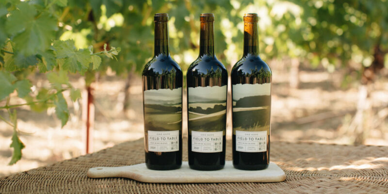 onehope wines new field to table red blend bottles on table in vineyard